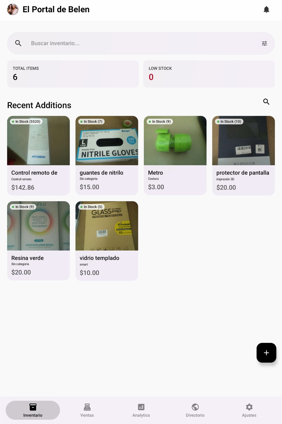 Pantalla de inventario de Estoquia