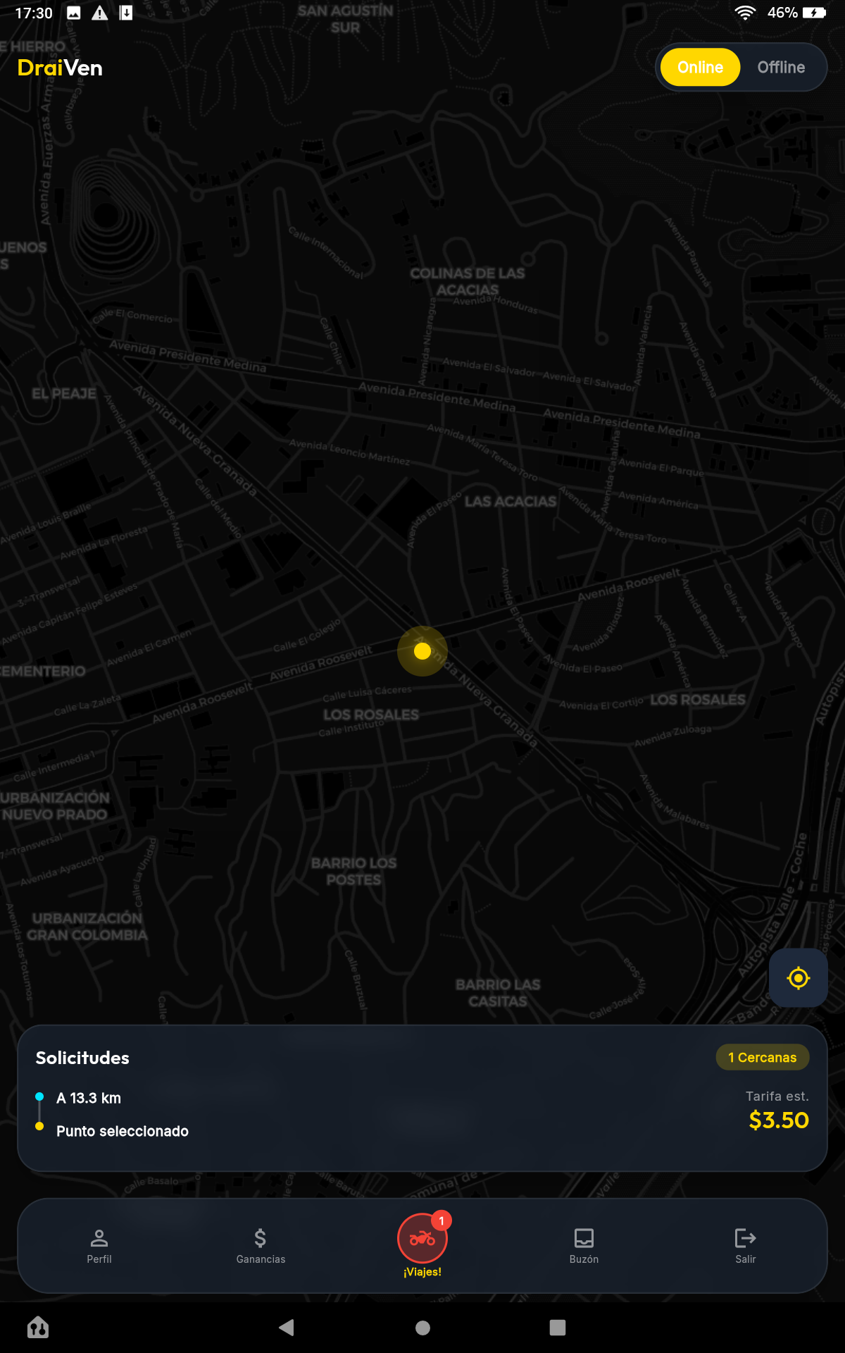 DraiVen app mostrando el mapa con solicitudes de viajes cercanos