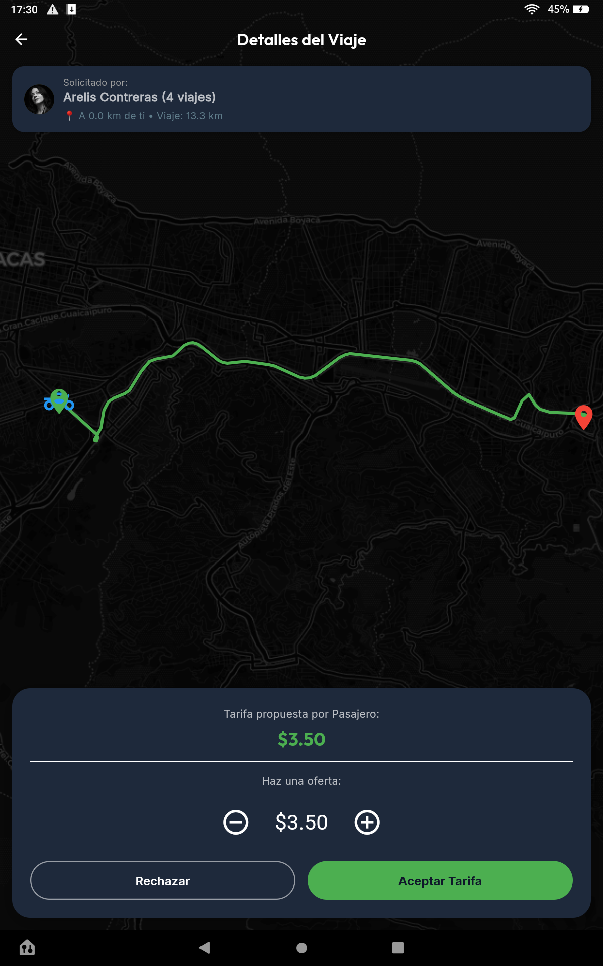 DraiVen app mostrando detalles de un viaje con ruta y tarifa