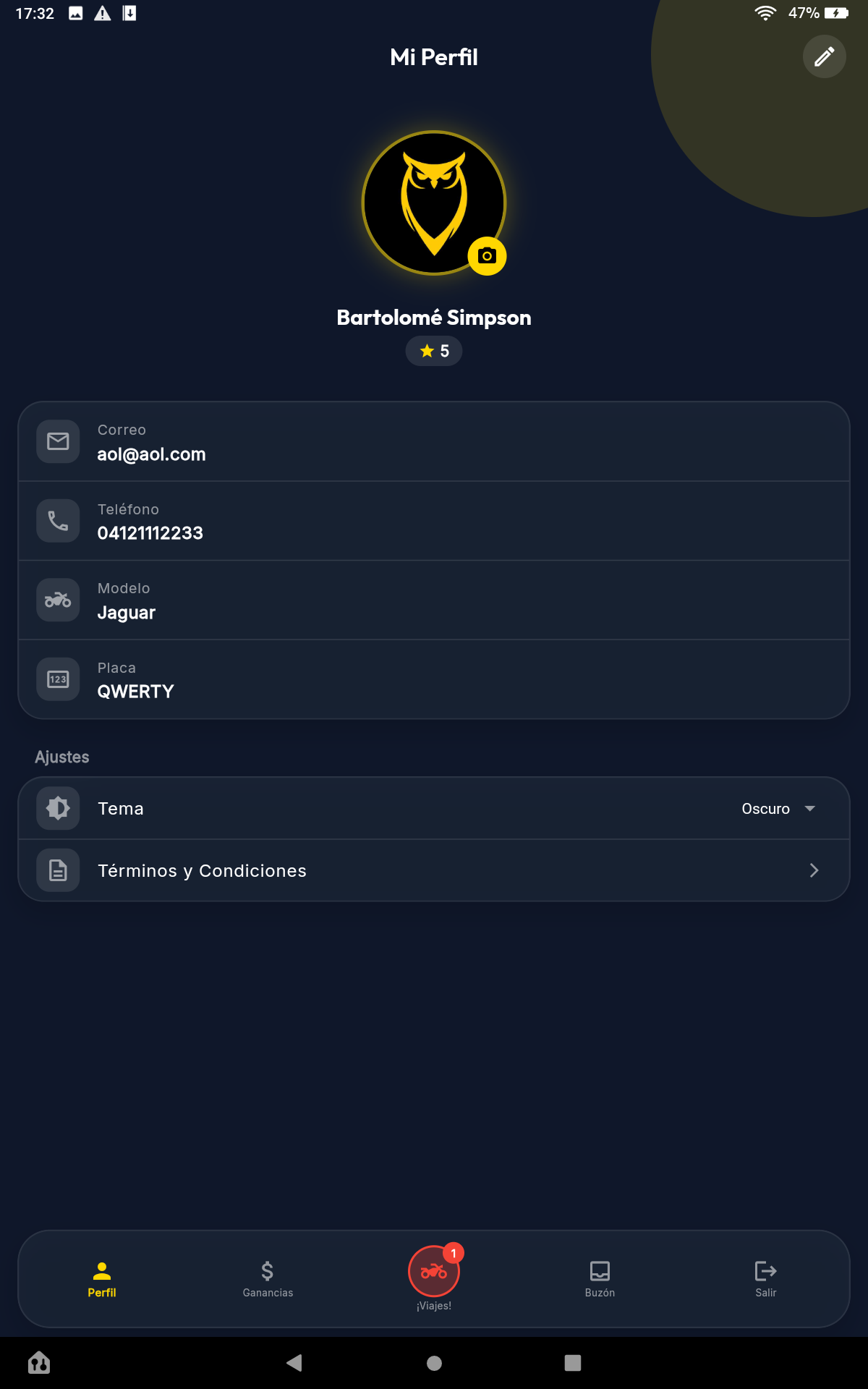 Perfil de conductor con datos y vehículo